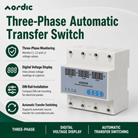 Sélecteur de phase automatique triphasé AORDIC 63A 100A 3P+N avec affichage numérique de la tension et du courant, rail DIN ATS