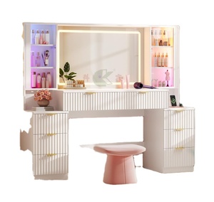 Table de maquillage blanche, 8 tiroirs, <span class=keywords><strong>miroir</strong></span> LED, grand design en bois - Product Image 1