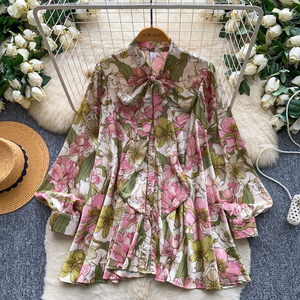 Vintage Floral Print Long Sleeve Loose <strong>Shirts</strong> for Women 2026 Fall Elegant Bow Neck Button Down Commute Blouse - Product Image 1