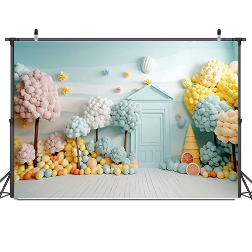 Neonate Backdrop Personalizado Feliz Aniversário Banner Porta Decoração Flor Árvore Foto Cabine Fundo Crianças Azul Partido Props