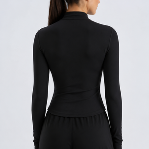CHARLO Women's Full Sleeve Zipper Bomber Jacket Solid <b>Black</b> Minimalist Workout Wear Quick Dry Spandex Nylon Fabric - Product Image 2