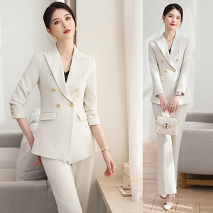 Women's White Double-Breasted Suit Set With Flared Pants Formal Work Wear Autumn Season - Product Image 3