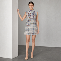 Robe en tweed pour femme, sans manches, mini-robe ajustée, à carreaux, en bouclé, avec col à volants, robe de soirée, robe de cocktail