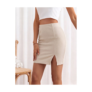 Women's Ribbed Elastic Waist Mini <b>Skirt</b> 45 Cm Length With Front Slit For Casual Wear - Product Image 3