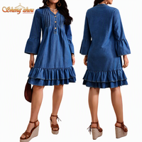 Robe en jean pour femme à col en V profond et laçage, à volants plissés, manches longues, style décontracté d'été, coupe ample, ou sans manches