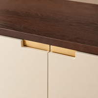 Meuble TV Console 4 Portes Panneaux Brillants Crème Cadre en Bois Foncé Poignées Dorées Console Multimédia Moderne Minimaliste pour Salon