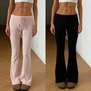 Pantalones acampanados de talle alto con cordón, ajustados, suaves y cómodos, de tela modal altamente elástica, color sólido, básicos e informales. - Product Image 1