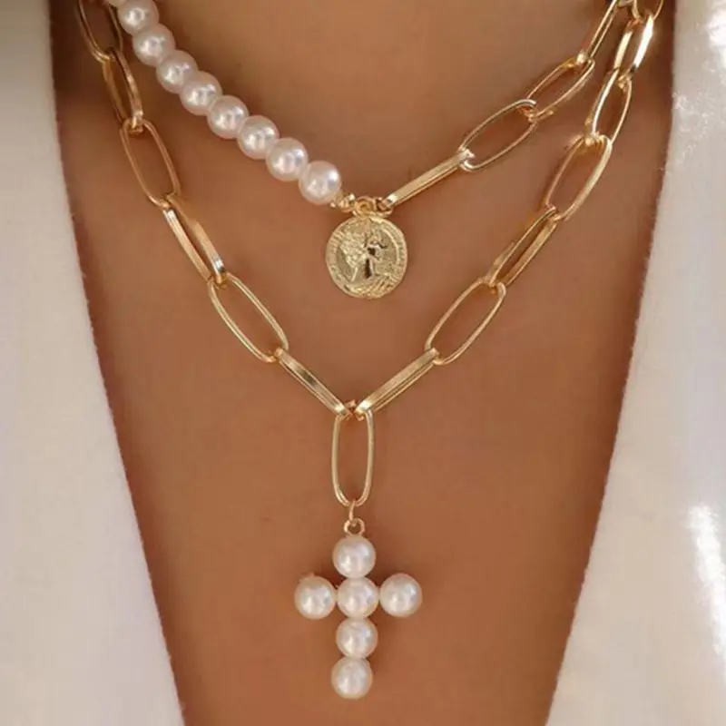 Высококачественное позолоченное ожерелье с жемчужным крестом, ювелирное Двухслойное полужемчужное ожерелье с полуцепью для женщин
