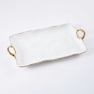 Plat de service rectangulaire en céramique décorative haut de gamme avec bord et poignées argentés, design minimaliste, qualité export - Product Image 1