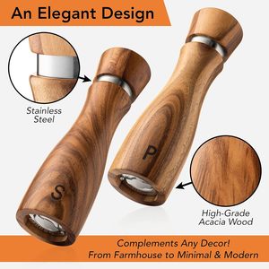 8 Inch Acacia Wood Salt and <b>Pepper</b> Mill Set with Ceramic Core and Rotary Knob - Product Image 4