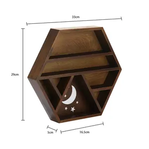 Grosir rak dinding tampilan ukiran kayu antik desain baru rak buku bulat Pop dengan dekorasi dinding heksagonal gantung satu tingkat