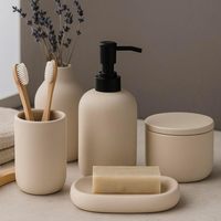 Ensemble de salle de bain en céramique beige crème 4 pièces, design scandinave minimaliste, distributeur de savon et kit de toilette, facile à nettoyer, design rond