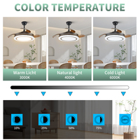 Ventilateur de plafond rétractable à LED 3 couleurs à intensité variable avec télécommande, pales invisibles en métal et plastique ABS, pour maison et bureau