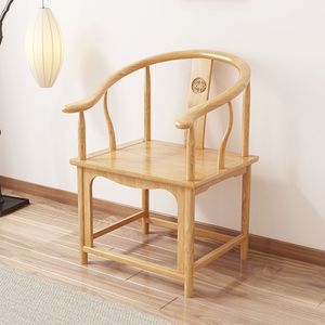 Fauteuil rond de style chinois en bois de caoutchouc massif, fauteuil de salon pour adulte, couleur bois naturel - Product Image 1