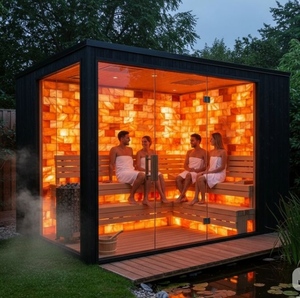 Cabina de Sauna Moderna para Exteriores con Pared de Sal del Himalaya y Paneles de Vidrio - Product Image 1