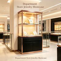 Luxuriöse Roségold-Glasvitrine für Schmuck, LED-Beleuchtung, Lederumwickelte Schublade, Anpassbar, für Hochwertige Juweliergeschäft-Präsentation