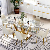 Table à manger rectangulaire moderne en verre trempé transparent avec base en acier inoxydable et structure métallique, capacité 6 personnes, pour maison, villa, hôtel