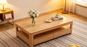Table basse minimaliste en chêne avec 2 tiroirs et étagère de rangement - Product Image 6
