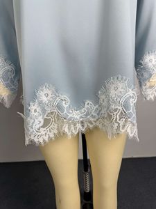 Women's Solid Color Lace Trim Asymmetrical Hem Long <strong>Sleeve</strong> <strong>Blouse</strong> Shirt <strong>Without</strong> Pearl Chain Skirt Sehe Fashion - Product Image 5