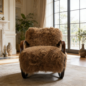 Fauteuil de salon moderne nordique en bois de hêtre, revêtement en fausse fourrure de laine d'agneau tibétaine marron, canapé paresseux pour salon - Product Image 2