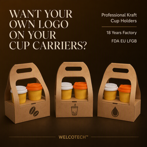 WELCOTECH Portabicchieri in Carta Kraft Usa e Getta con Manico, Ecologico, Riciclabile, Confezione Piatta per <span class=keywords><strong>2</strong></span> Bicchieri, Logo Personalizzabile - Product Image 6