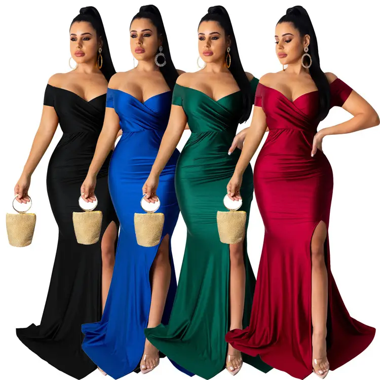 2022 Women sexy elegant V neck pure color high slit club one shoulder long Maxi Bodycon Dress For Night Club Evening dress