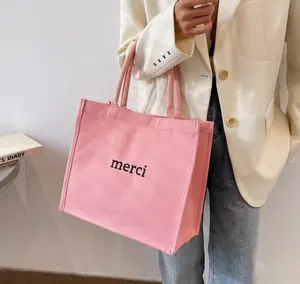 Высококачественная прочная популярная розовая холщовая Водонепроницаемая ламинированная хлопковая Подарочная сумка для покупок с вышитым логотипом