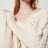 Pull style décontracté femme 100% coton printemps automne manches longues pull câble tricot pull à capuche