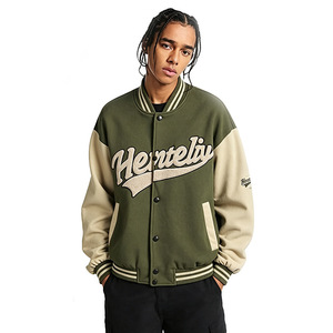 Men's <b>Corduroy</b> Varsity <b>Jacket</b> Green Beige Embroidered Letter Logo Turn-down Collar Casual Autumn Wear - Product Image 3