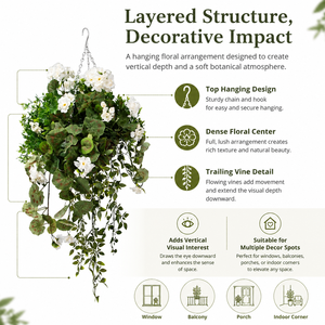 Cesta Colgante con Geranios Rojos Artificiales, <span class=keywords><strong>Hiedra</strong></span> Colgante, Arreglo Floral, Decoración Ecológica para Balcón y Jardín - Product Image 3