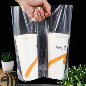 Custom logo packaging takeaway cup carrier bubble tea PP PLA plastic bags cup holder
