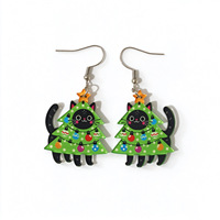 Boucles d'oreilles en acrylique double face Chat Noir Arbre de Noël, Bijoux d'oreille animaux de dessin animé mignons, Cadeau de Noël festif adorable pour femmes