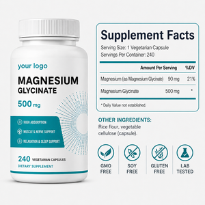 Cápsulas Vegetarianas de Glicinato de Magnesio 500mg para una Rutina Nocturna Relajante y Bienestar Diario, Absorción Quelada, OEM ODM, Marca Privada - Product Image 2