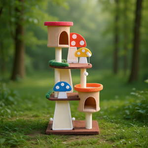 Árbol para gatos de interior de 4 niveles con 2 casas, plataformas rascadoras de sisal, diseño de hongo de dibujos animados para que los gatos jueguen y descansen - Product Image 2