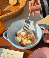 Bol en céramique à double anse, style Ins, avec motif papillon bohème sous glaçure, compatible micro-ondes, pour salade, nouilles, riz et soupes