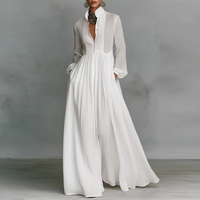 Robe chemise longue plissée en mousseline de soie à col montant, taille haute, boutonnée, avec poches, couleur unie, coupe trapèze