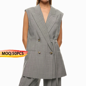 Oem produttore di abbigliamento personalizzato di alta qualità con colletto intaccato senza maniche doppio petto cravatta <span class=keywords><strong>gilet</strong></span> <span class=keywords><strong>gessato</strong></span> giacca da <span class=keywords><strong>donna</strong></span> - Product Image 1