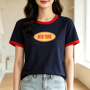 2026 Neues Damen Slim Straight Kurzarm-T-Shirt mit Rundhalsausschnitt, Lässiges Farbblock-Oberteil mit Buchstaben-Print, Grenzüberschreitender Großhandel - Product Image 1
