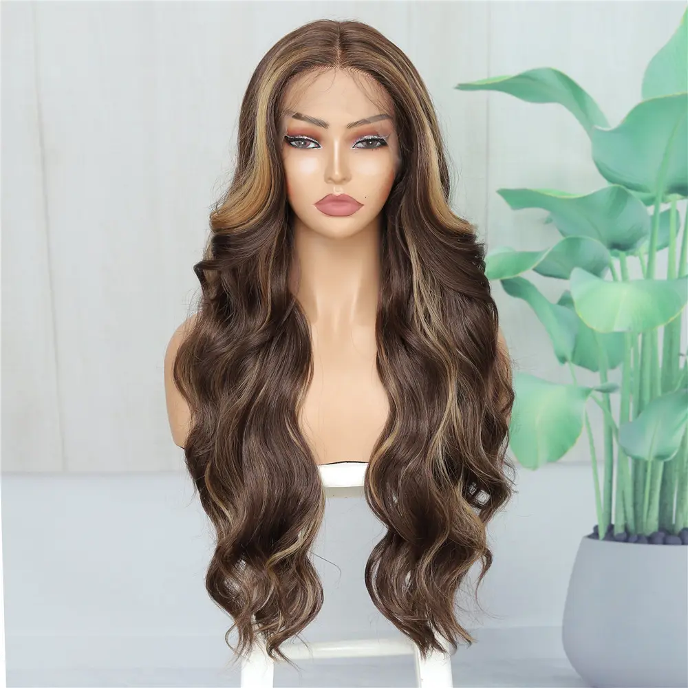 Honey Blonde Ombre4/27 Highlights Body Wave Highlight Lace Front Wigs Pre-plucked Long Layered Wig with Curtain Bangs