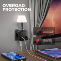 Adaptateur de prise européenne avec 3 prises AC, 3 ports USB A, 1 port USB Type C, lampe de table à intensité variable avec interrupteur