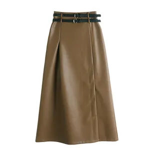Newest Stylish French Long PU Skirts for Women Double Belt 2023 Autumn Winter Casual Elegant Office Ladies Leather Maxi Skirt