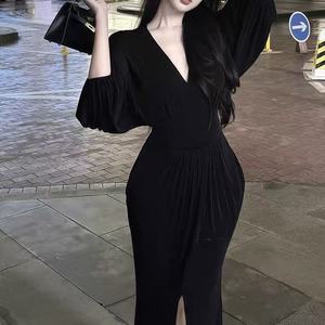 V Neck Puff Sleeve Slit Dress Black Solid Color Long Cocktail Dress Women Elegant Bodycon Fit High Waist Design - Product Image 1