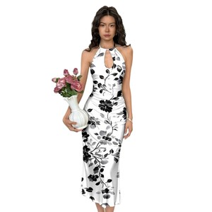 Robe nuisette à col licou imprimé floral, coupe ajustée, taille haute, pour l'été, pour femmes, tailles S-2XL-XXL, Europe, Amérique, Asie du Sud-Est - Product Image 5