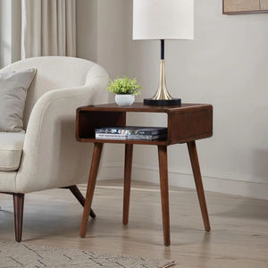 Table d'appoint avec étagère ouverte, fabrication ISO9001, vente en gros, style mi-siècle, profil incurvé, pieds en bois massif - Product Image 1