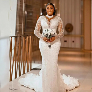 African Bride Mermaid Wedding Dress Long Sleeve Plus Size V Neck Backless Cut Out Pure White Winter 2025 - Product Image 3