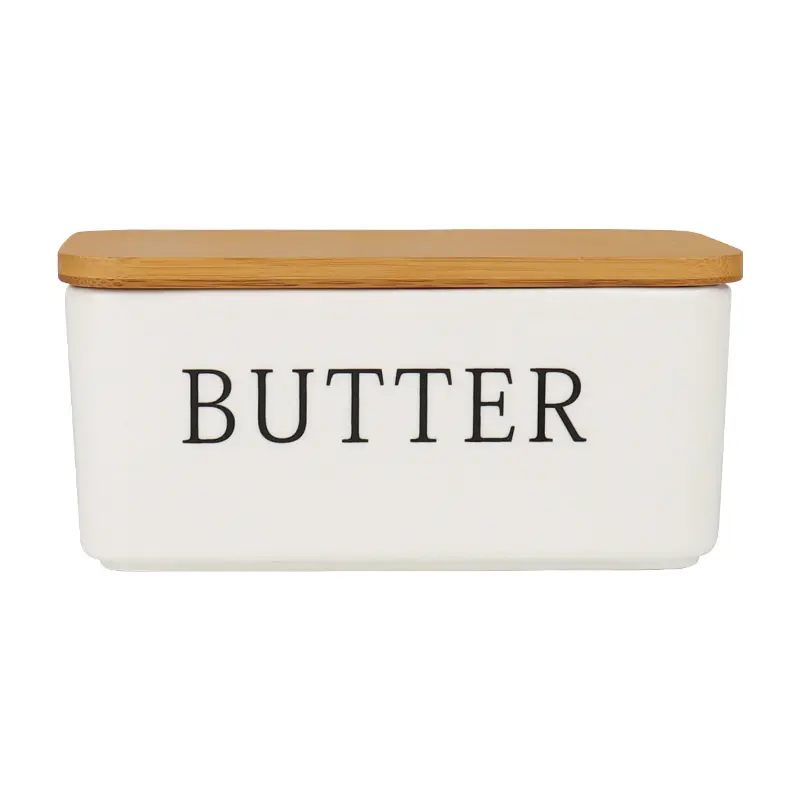 Bamboo Lid Covered Porcelain Butter Dish Airtight Butter Keeper Container Ceramic Butter Storage Box