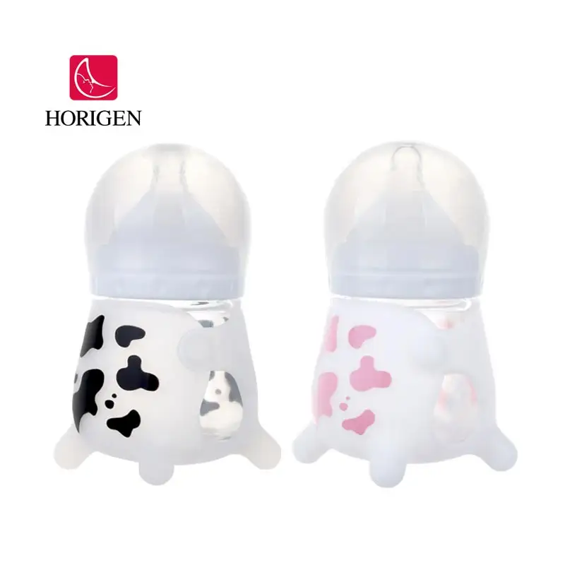 OEM bambino bottiglia di latte 120ml bpa libero di larghezza collo di alta borosilicato di vetro bottiglie di alimentazione del bambino con custodia in silicone