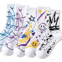 Chaussettes en coton jacquard OEM à imprimé graffiti abstrait et encre éclaboussée, style streetwear, unisexe, mode hip-hop, décontractées, cadeau