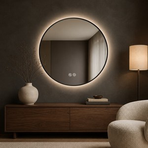 <span class=keywords><strong>Miroir</strong></span> intelligent mural avec cadre rond en acier inoxydable noir, rétroéclairage LED, commande tactile, anti-buée, pour salle <span class=keywords><strong>de</strong></span> bain, hôtel, coiffeuse - Product Image 2