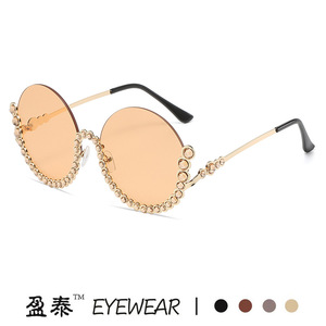 Round Diamond-Studded Metal Sunglasses Gold <b>Frame</b> <b>Pink</b> Gradient Lens Women UV400 Protection - Product Image 3